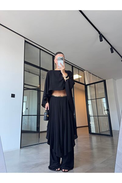 BB Bensu Buyruk Skirt-Detail Pants, Cape, and Blazer Set in Black