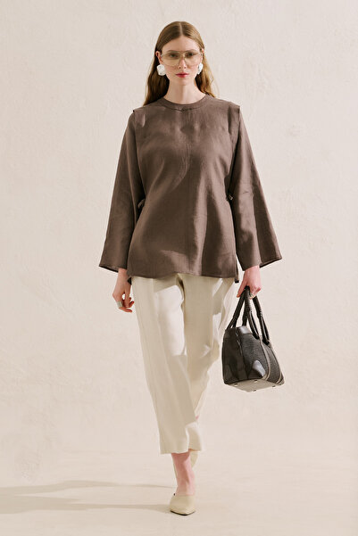 Manuka Linen Tunic with Tie-Up Sleeves in Mink