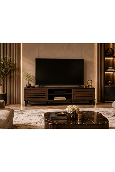 N.zone Modern Tv Cabinet with Luxurious Wooden Design, Storage Shelves and Si...