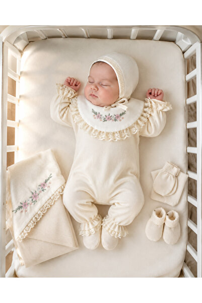Mert Baby Floral Embroidered Velvet 5-Piece Organic Hospital Discharge Set 10...