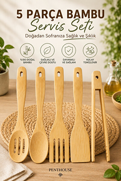 Penthouse 5 Pieces Bamboo Serving Set Serving Spoon Slotted Spoon Serving For...