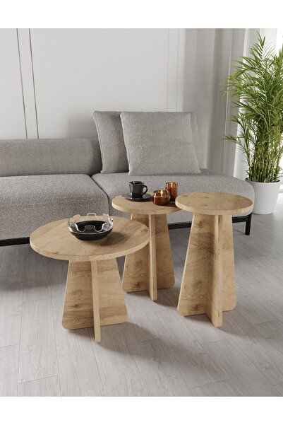 KZNMOB HOME Mush 3lü Zigon Sehpa, Beyaz, Ceviz, Meşe, Traverten Desenli- Tama...