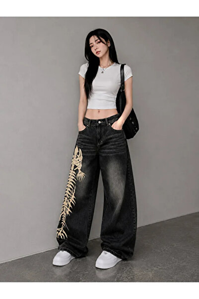 Violon Harajuku Y2K Fish Skeleton Black Baggy Jean Pants