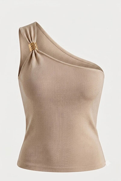 KECHİ WOMAN One-Shoulder Gold Buckle Ribbed Blouse Beige