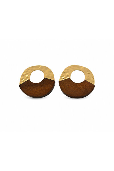 Ahşap ve Dokulu Gold Detaylı Geometrik Küpe