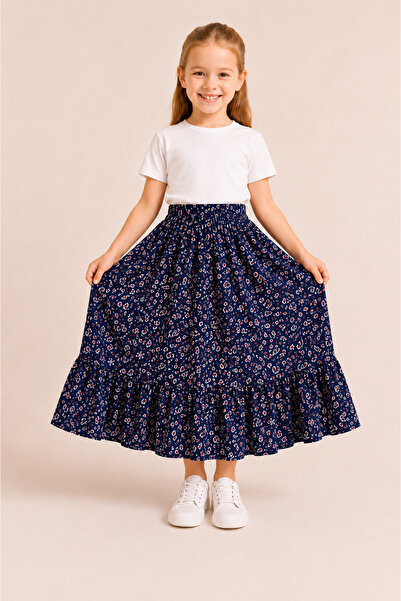 DUBAİ ÇOCUK Girl's Long Skirt Summer Patterned Elastic Waist Comfortable Loos...