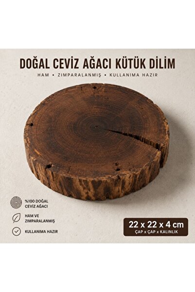 KÖK Doğal Masif Ceviz Ağacı Kütük Dilimi – Ham ve Zımparalanmış – 22×22×4 cm