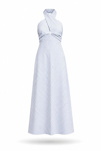 5in1Canpolat Rochie albastră cu guler halter și dungi 12473
