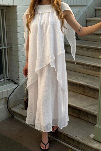 Suziş White Shawl-Detail Flawless Dress Per3446