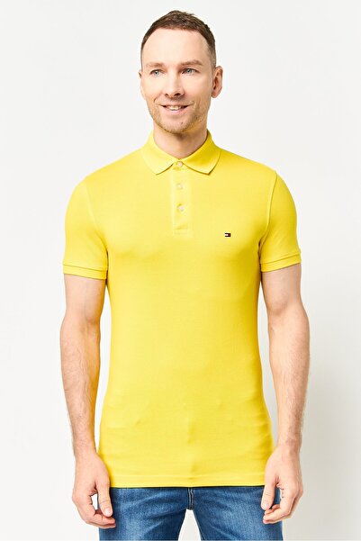 Tommy Hilfiger Men Slim Fit Embroidered Logo Short Sleeves Polo Shirt, Yellow