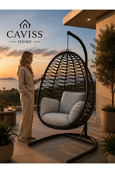 cavisshome CAVİSS HOME Armut Salıncak Tek Kişilik Makrome Gri Ip Örgü Bahçe B...