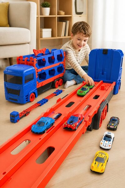 Generic 9 In 1 Abs Alloy Foldable Car Carrier Truck 2 Lane Race Track Set 8 C...