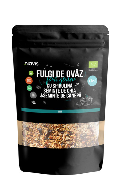 Niavis Fulgi de Ovaz Fini fara Gluten cu Spirulina, Chia si Seminte de Canepa...