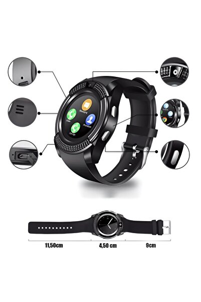 UTILIO ®   Smartwatch V8 Bluetooth cu suport pentru SIM și microSD - Negru