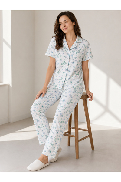 Victor and Jane By Styli Off White Bow Print Cotton Shirt and Pyjama Set