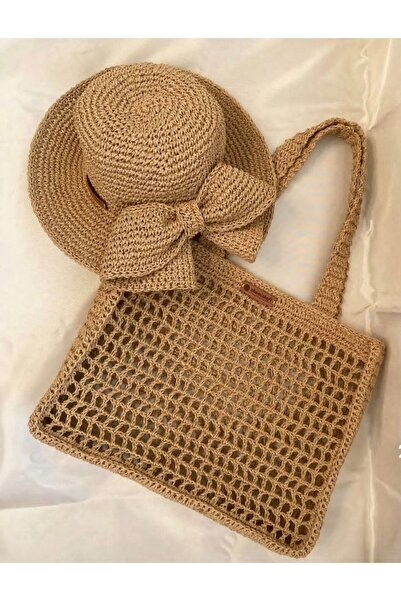 ARTTMACRAME مجموعة قبعة وحقيبة من القش |   مجموعة إكسسوارات نسائية لحقيبة الش...