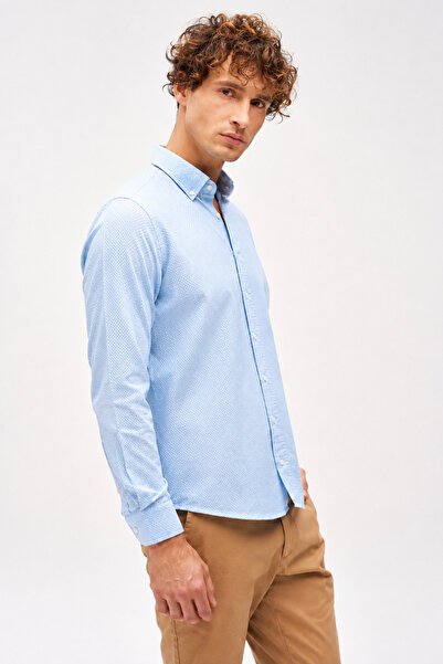 İgs Blue Textured Men's 100% Cotton Dynamic Fit Long Sleeve Shirt