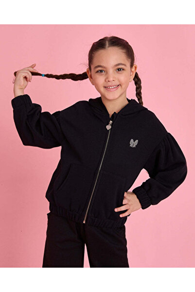 REDTAG Girls Black Terry Zip Hooded Sweatshirt