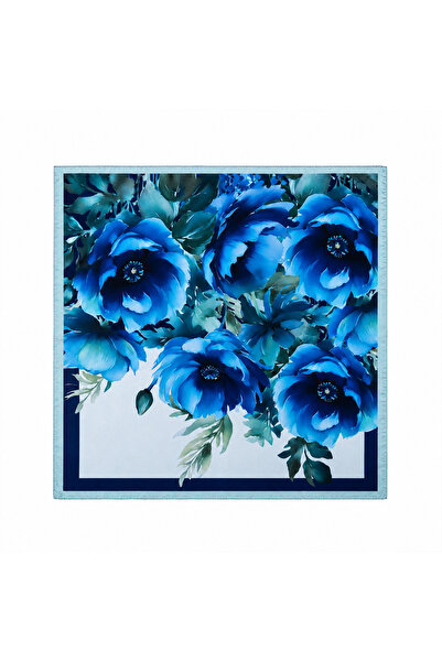 SILVOURA 55cm Square Satin Hair and Neck Scarf with Blue Rose Pattern Versati...