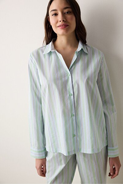 Penti Light Green Buttoned Striped Shirt Pants Pajama Set