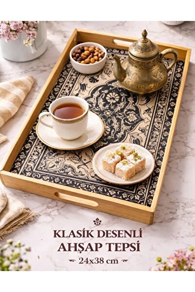 Genel Markalar El Yapımı Doğal Ahşap Servis Tepsisi Klasik Otantik Desenli 24...
