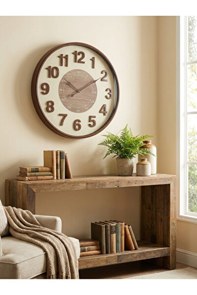 The Living Round Wall Clock with Classic Wood Look | Modern Large 3D Number H...