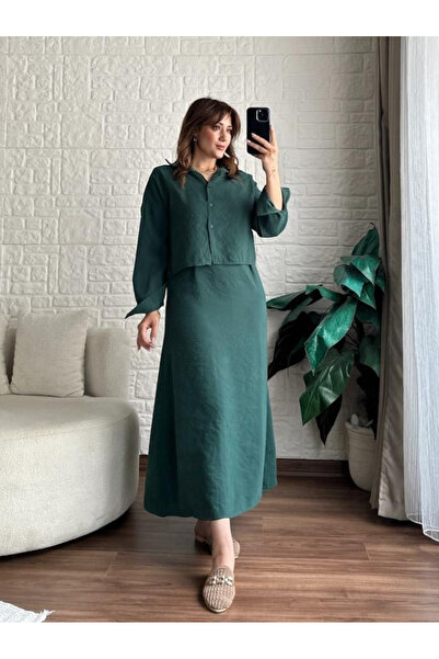 My Blog Emerald Green Crop Shirt Long Modal Dress Set - El51153