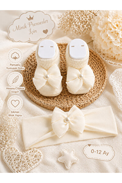 Akface Ecru Baby Socks and Bandana Set with Bow and Pearl Detail, Cream