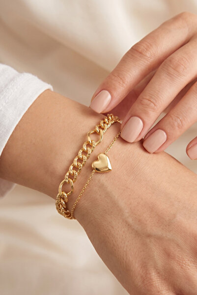 Elika Silver Heart Chain Model Double Bracelet Set