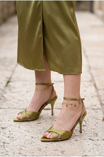 KNEZ Nysa Satin Ankle Strap Detail Women's Thin Heel Shoes 10cm Heel