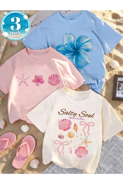 STİL-X New Season 3-Piece Set Girls' T-Shirt, Multi-Color, 100% Cotton