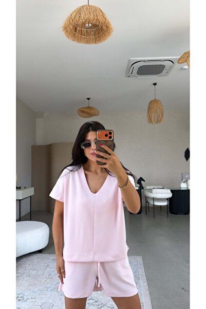Buket Teke Pink V-Neck Modal Shorts Blouse Set