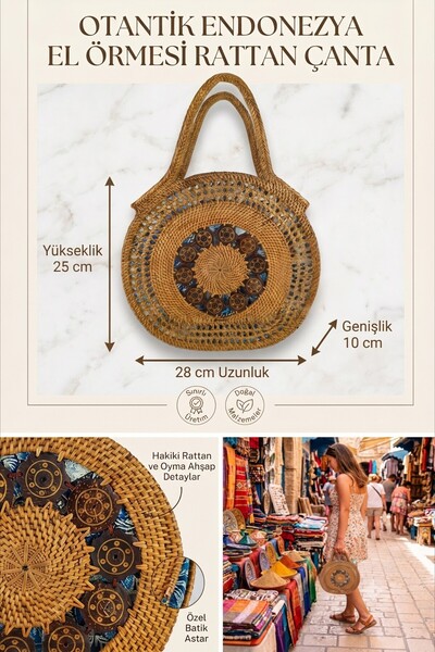 DNC Art&Deco Indonesian Hand-Carved Rattan Handbag 28X25 cm - Round Wicker Ba...