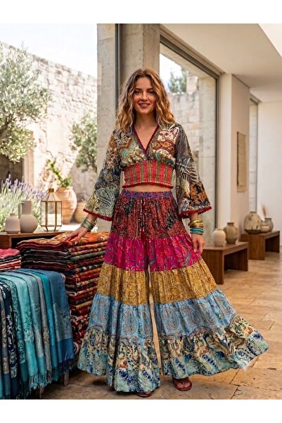 AYASOFYA OTANTIK Pantaloni cu fustă scurtă indiană pentru femei, set de 2 pie...