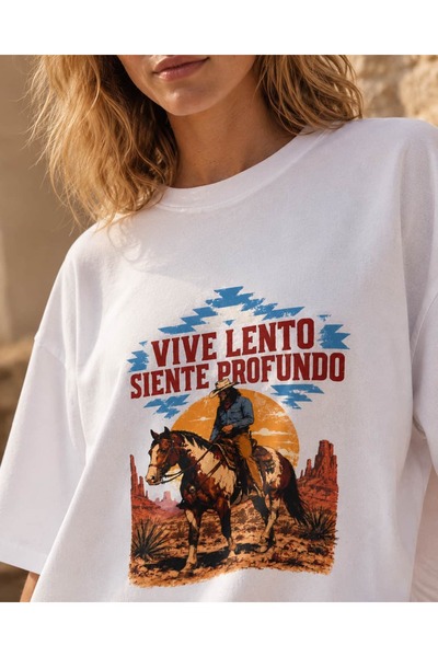 CANMODA Tricou alb oversize, 100% bumbac, cu imprimeu Western Cowboy Horse