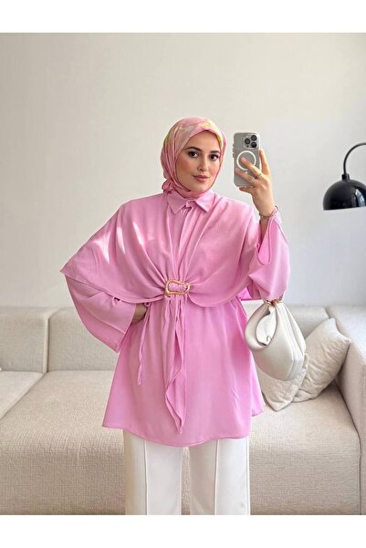 by nursel çiçek Women's Trendy Waist-Tied Cape Shirt with Bronchial Detail