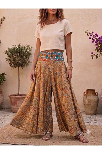 AYASOFYA OTANTIK Women's Indian Elastic Waist Ethnic Patterned Silk Trousers ...