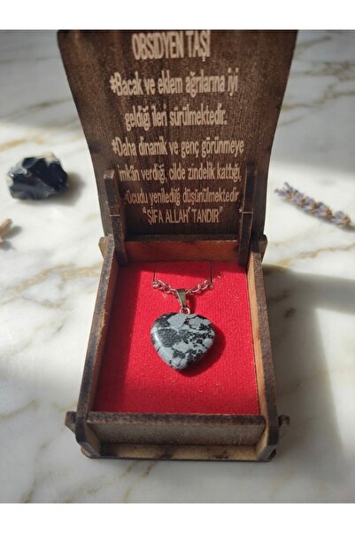 Meneva Aksesuar Obsidian Stone Natural Stone Heart Model Wooden Boxed Necklace
