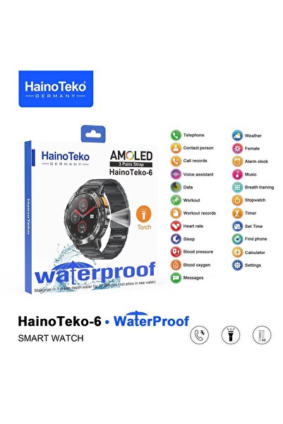 HAINOTEKO Haino Teko-6 Waterproof Smart Watch with AMOLED Display 3 Pair Stra...