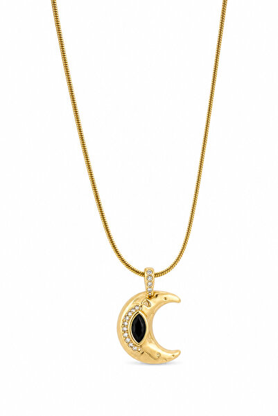 Jack Ferrero Yellow Color Steel Crescent Pendant Women's Necklace with Black ...