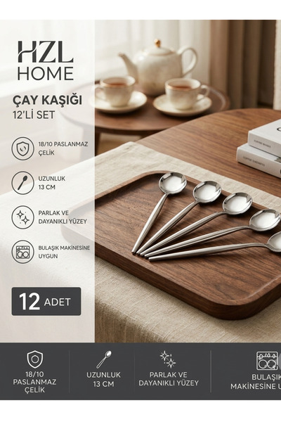 HZL HOME 12'li Çay Kaşığı Seti - 18/10 Paslanmaz Çelik, 13 cm Parlak ve Dayan...