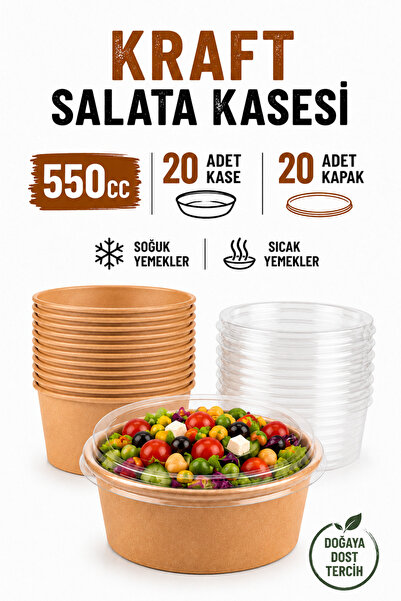Delvos 20 Adet 550cc Orta Boy Kraft Bowl Salata Diyet Kasesi 20 Adet Kapaklı ...