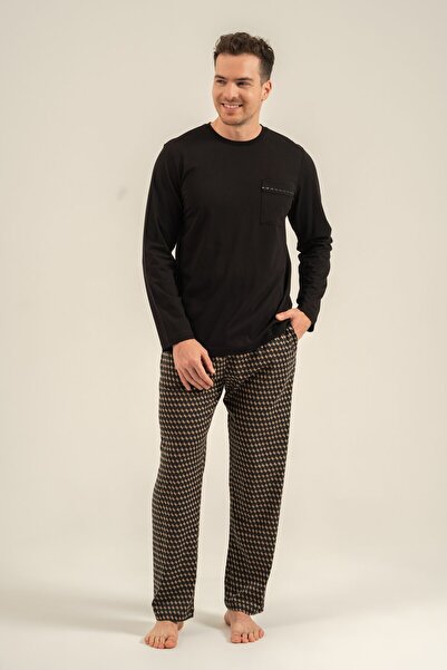 Arnetta Men's Black Pocket Detailed Long Sleeve Pajama Set Ar3844-S-V1