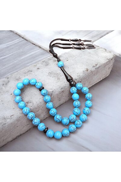 İnan Tesbih Natural Stone Turquoise Stone Sphere Cut Black Bronze Tassel Pray...