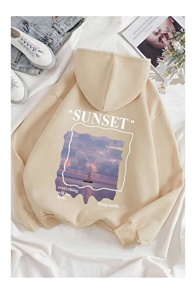 ZİYMO Women's Hooded Back Printed Relaxed Fit Sweatshirt