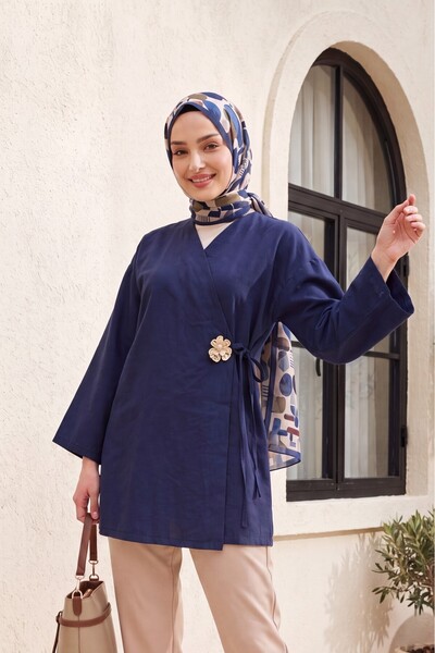 Modamorfo Modal Tunic with Side Cross Ties and Buckle - Dark Blue