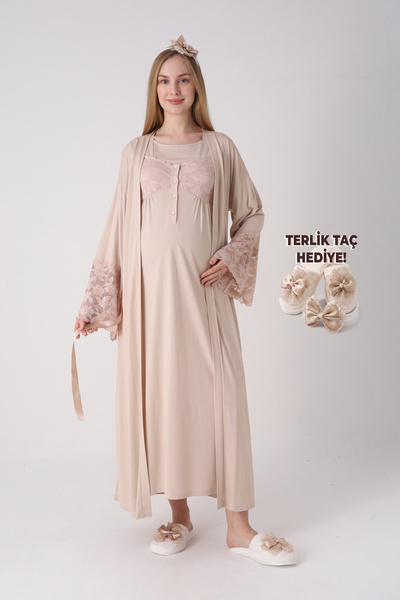 ERDENİZ TEKSTİL Maternity Nightgown with Lace Detail, Breastfeeding / Hijab C...