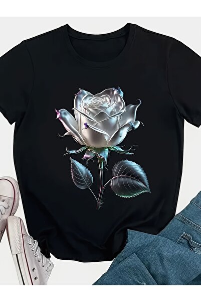 12 Teknoloji تي شيرت نسائي كاجوال برقبة مستديرة وأكمام قصيرة مع تصميم رسومي ل...