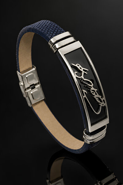 OSMANLI GÜMÜŞ Men's Leather Bracelet Navy Blue Leather Ataturk Signature Brac...