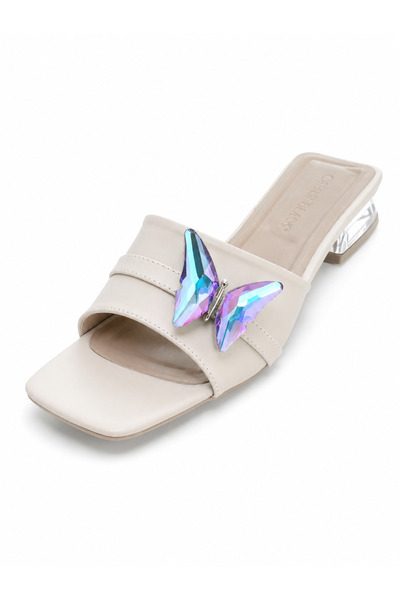 Castle Black Stella Beige Color Butterfly Buckle Transparent Heel Women's Sli...
